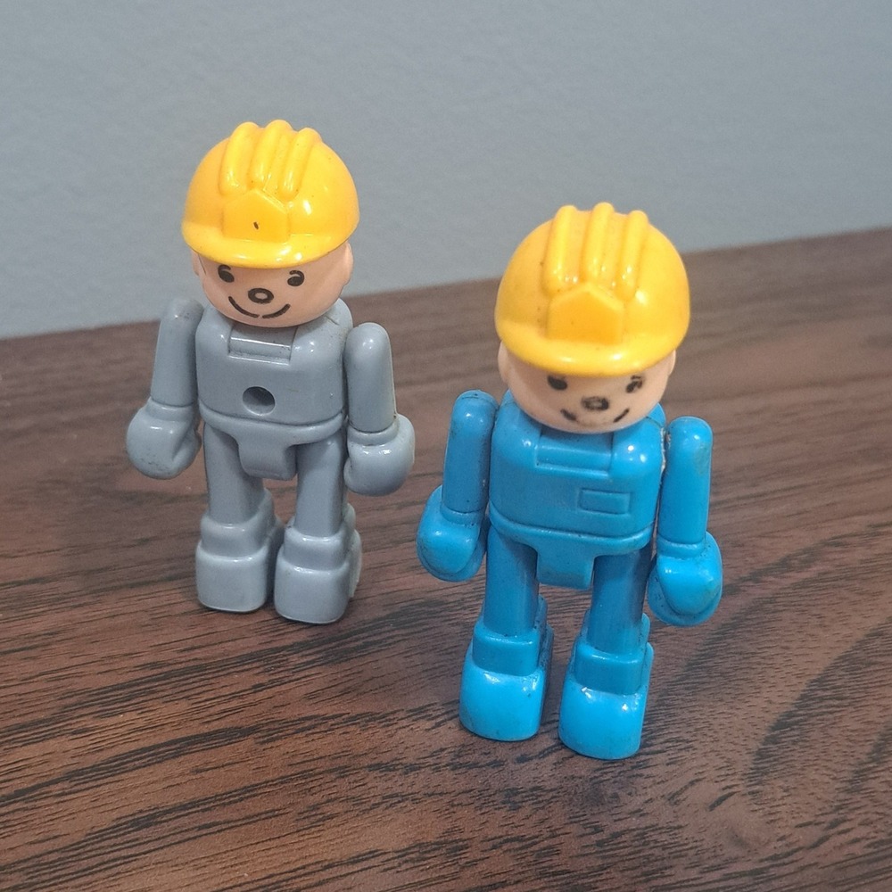 VTG Playmobil 80's Construction Worker‎ Figures Blue Grey 2pc Set Retro Toy
